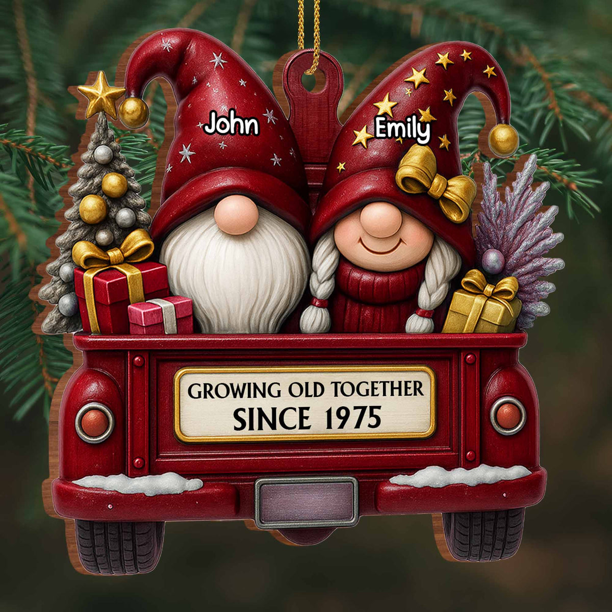 Growing Old Together, Christmas Red Truck Couples, Personalized Wood Ornament, Gift for Parents
