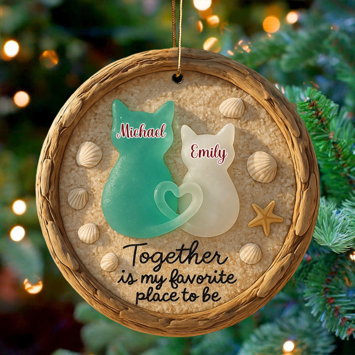 Together Is My Favorite Place to Be - Personalized Sea Glass Cat Couple Beach Ornament