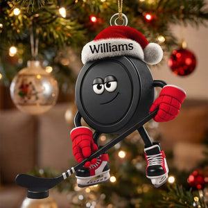 Personalized Santa Hat Hockey Puck Hanging Ornament – Custom Christmas Ice Hockey Acrylic Gift For Fans