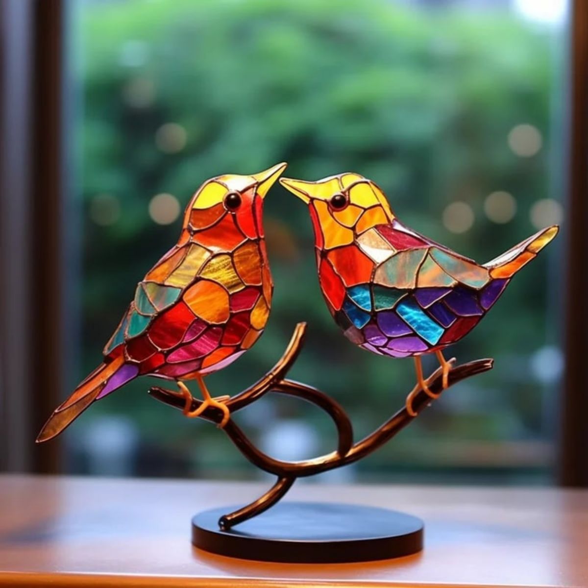 Memorial Stained Glass Birds on Branch Desktop Ornaments,Personalized Acrylic Memorial Cardinal Ornament