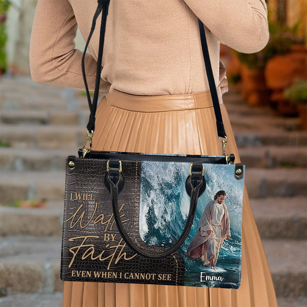 I Will Walk By Faith Even I Cannot See -Personalized Unique Jesus Leather Handbag