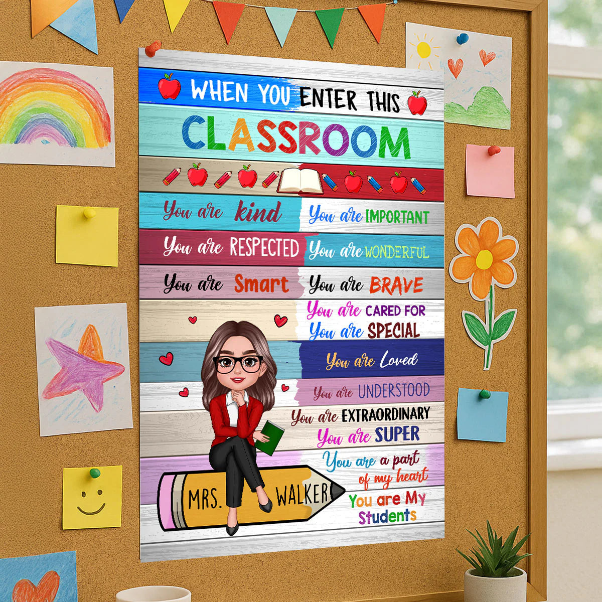 Colorful Teacher Sitting On Pencil Personalized Poster Classroom Decoration Gift For Teacher