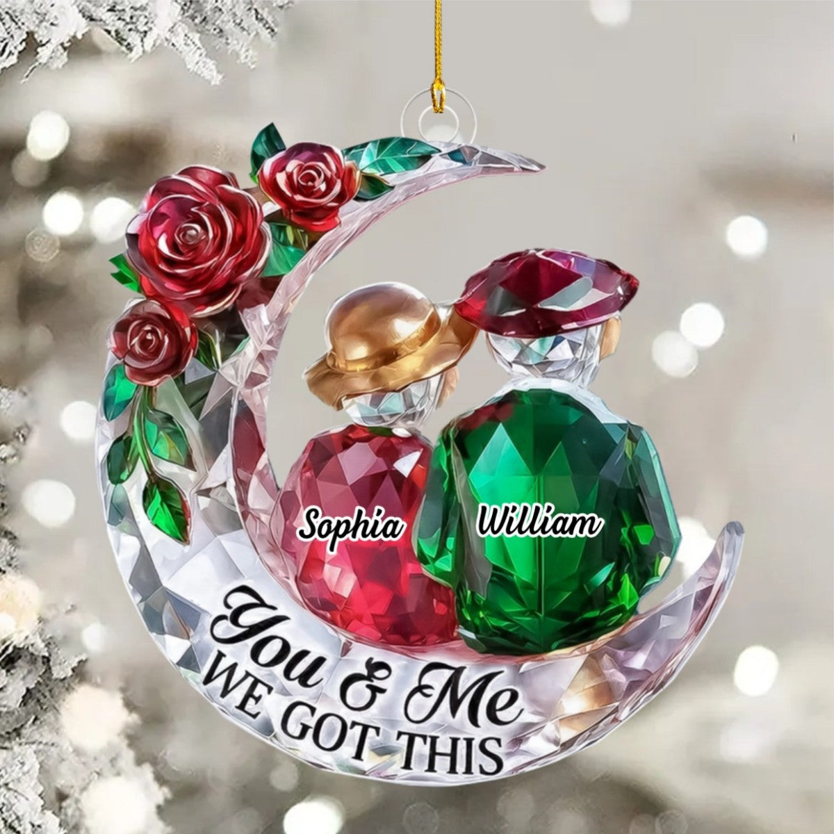 Couple On The Moon With Roses - Personalized Ornament