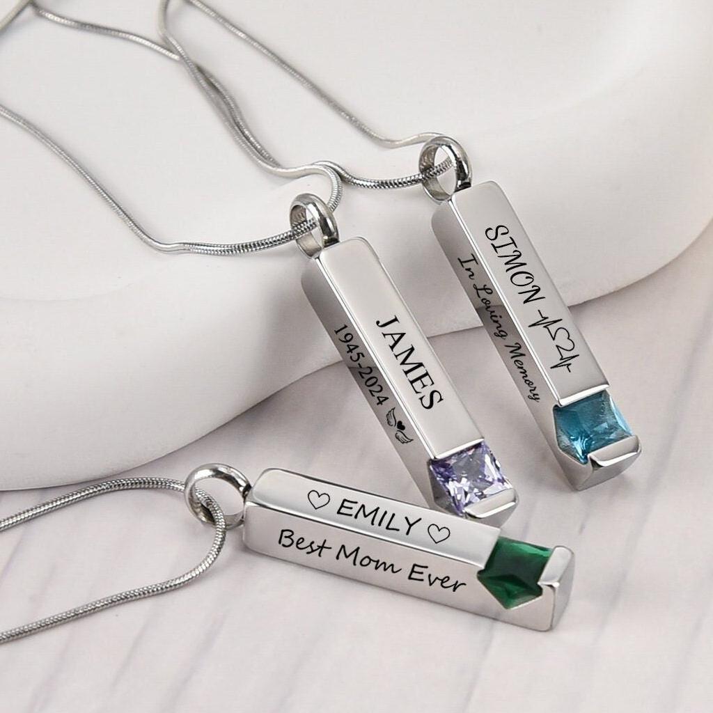 Personalized Birthstone Memorial Urn Necklace Two Sides Text