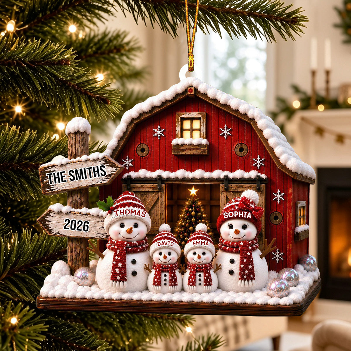"Our Family Snowman – Red Barn" – Personalized Acrylic Hanging Ornament | Gift For Family