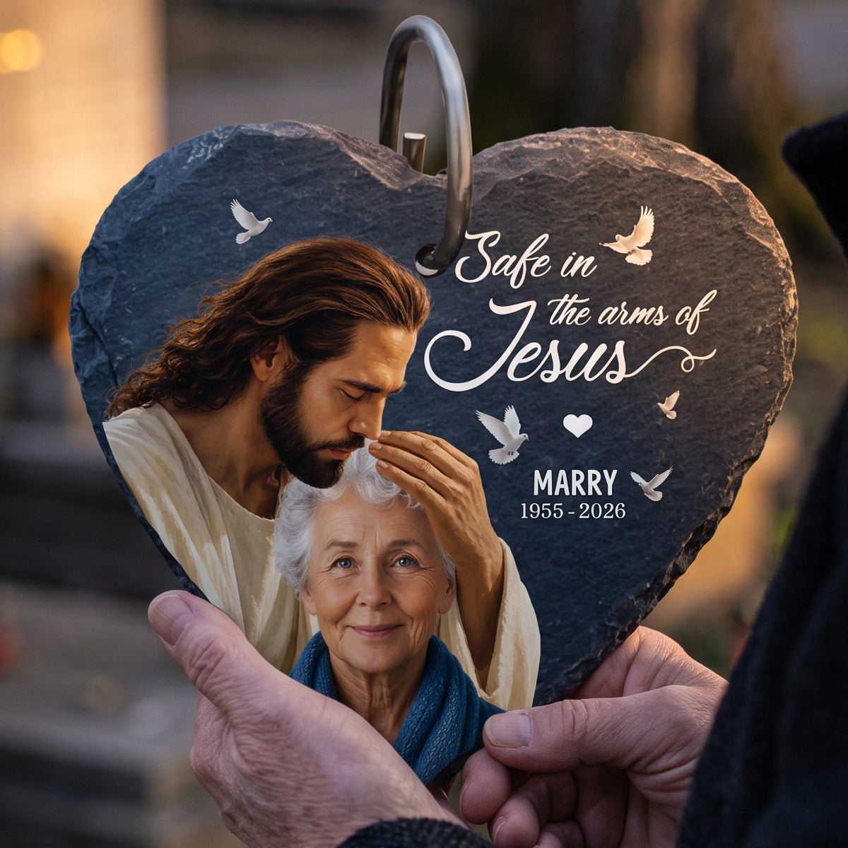 Safe In The Arms Of Jesus - Upload Image Personalized Memorial Garden Slate & Hook