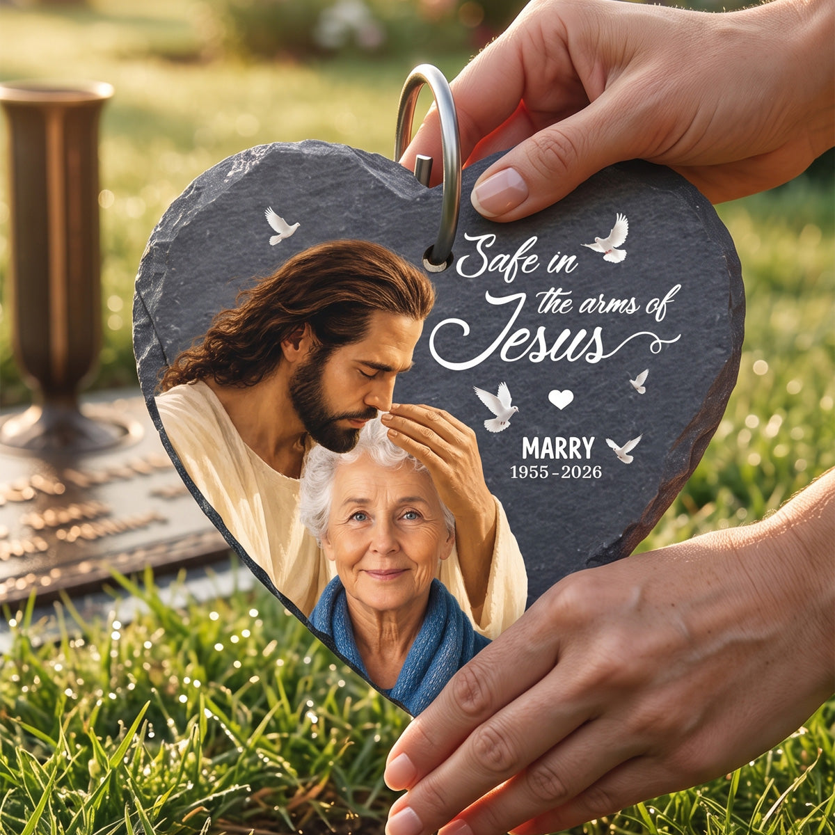 Safe In The Arms Of Jesus - Upload Image Personalized Memorial Garden Slate & Hook
