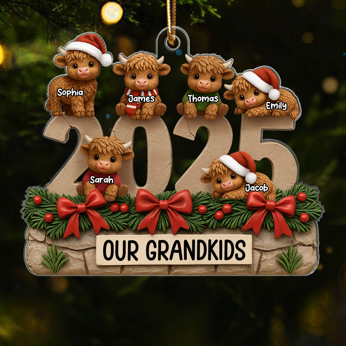 Christmas Highland Cows Family Dad Mom Kids - Personalized Acrylic Ornament