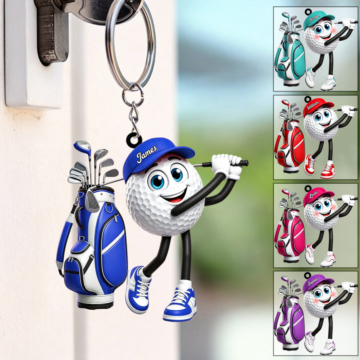 Golf Follow-Through Swing Cartoon Golfer - Personalized Golf Ball Mascot Keychain Gift for Male & Female Golfer