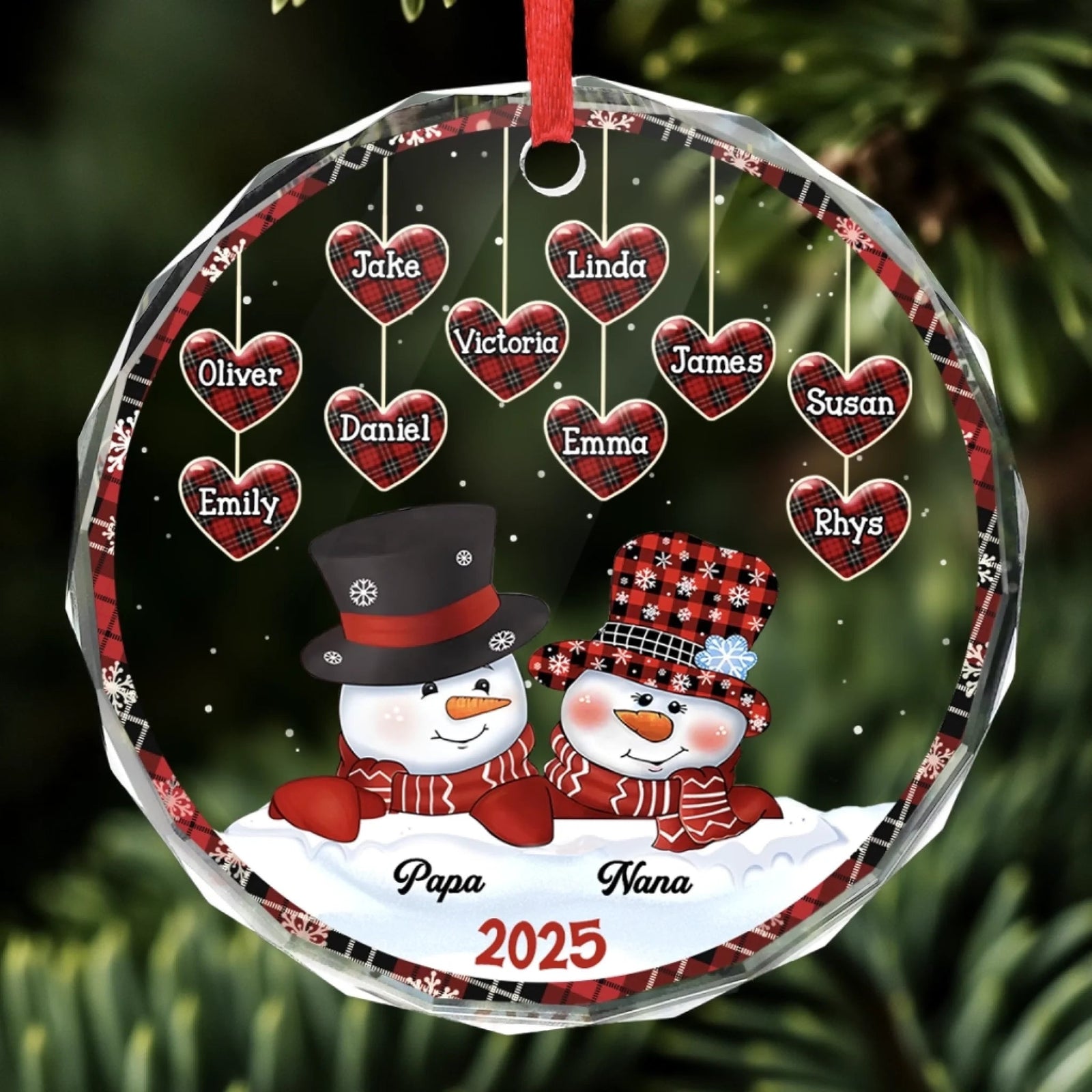 Family Snowman Personalized Circle Glass Ornament - Christmas Gift For Grandma, Grandpa
