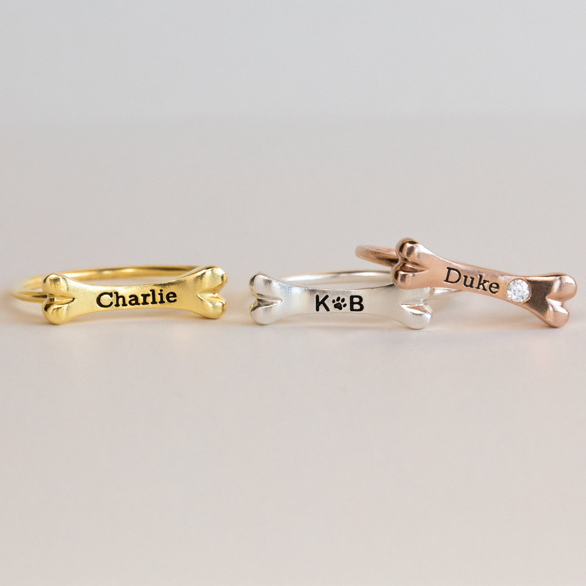 Personalized Dog Bone Charm Ring Pet Name Memorial Ring with Dainty Gemstone