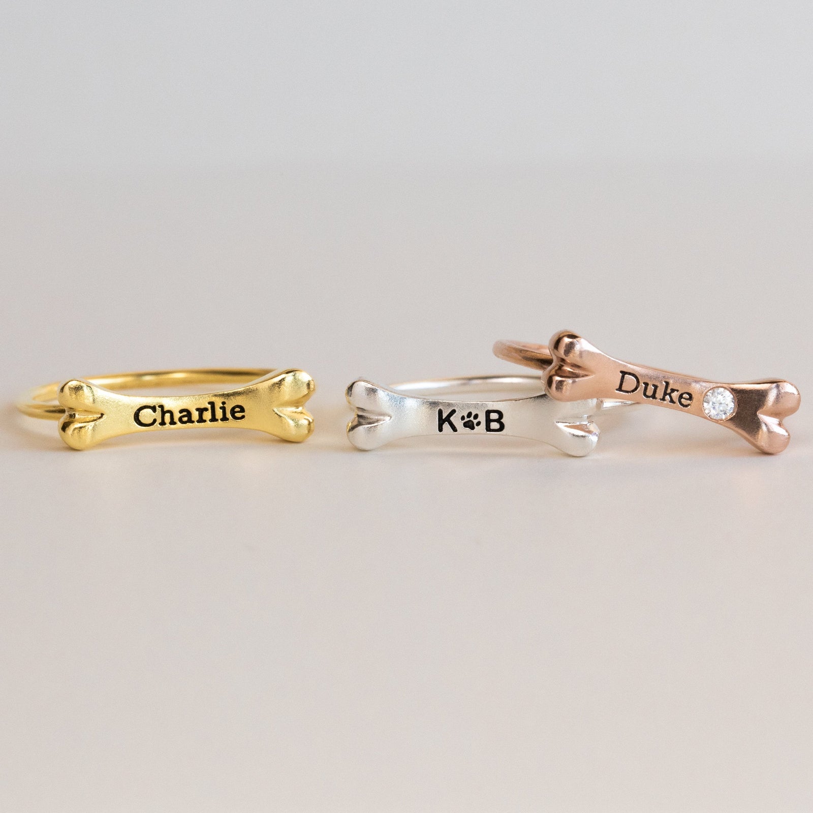 Personalized Dog Bone Charm Ring Pet Name Memorial Ring with Dainty Gemstone