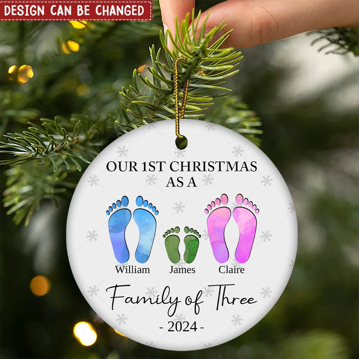 First Christmas As A Family Of Four Footprints - Personalized Ceramic Ornament