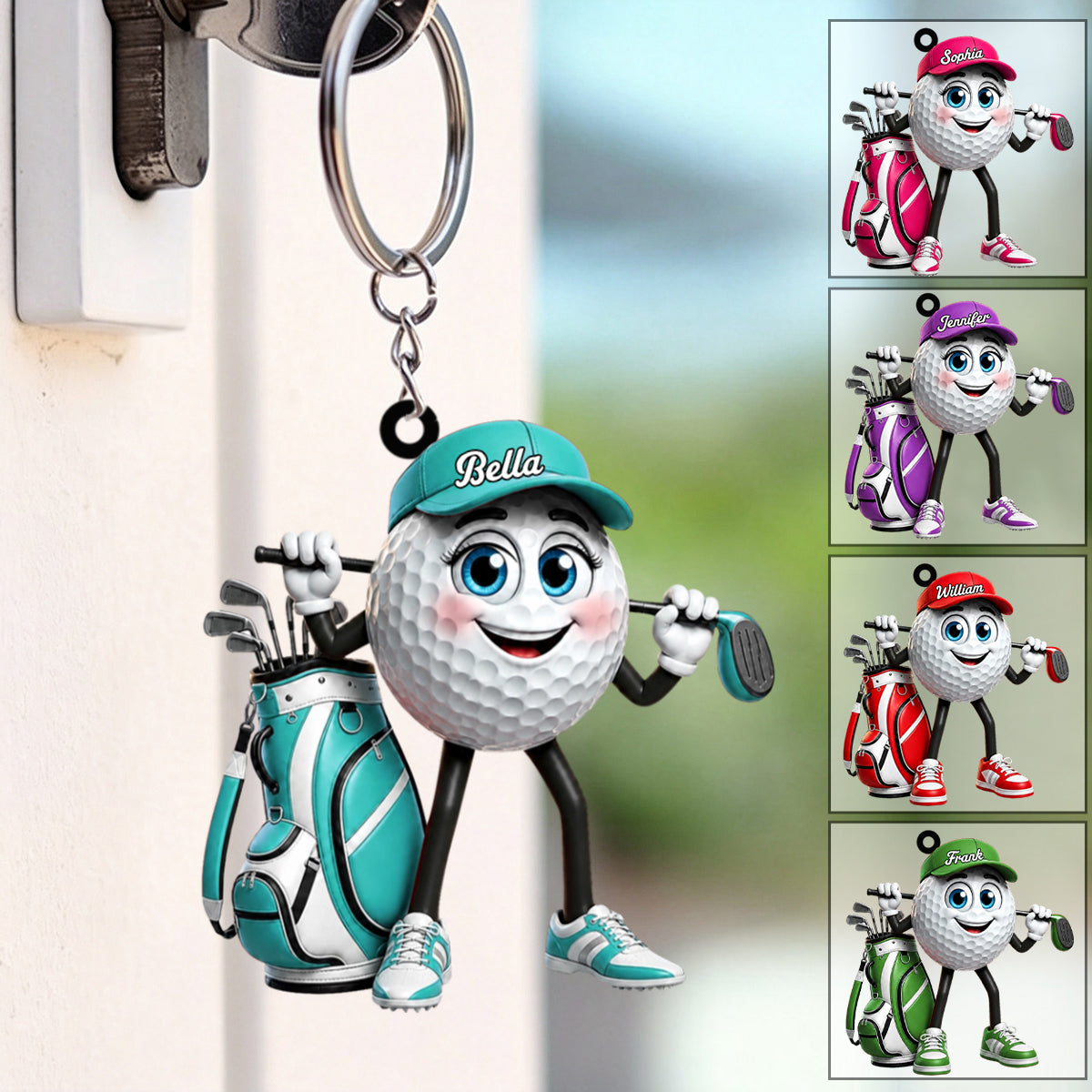 Hold Golf Club Across Shoulders Personalized Golf Ball Mascot Keychain Gift for Male & Female Golfer