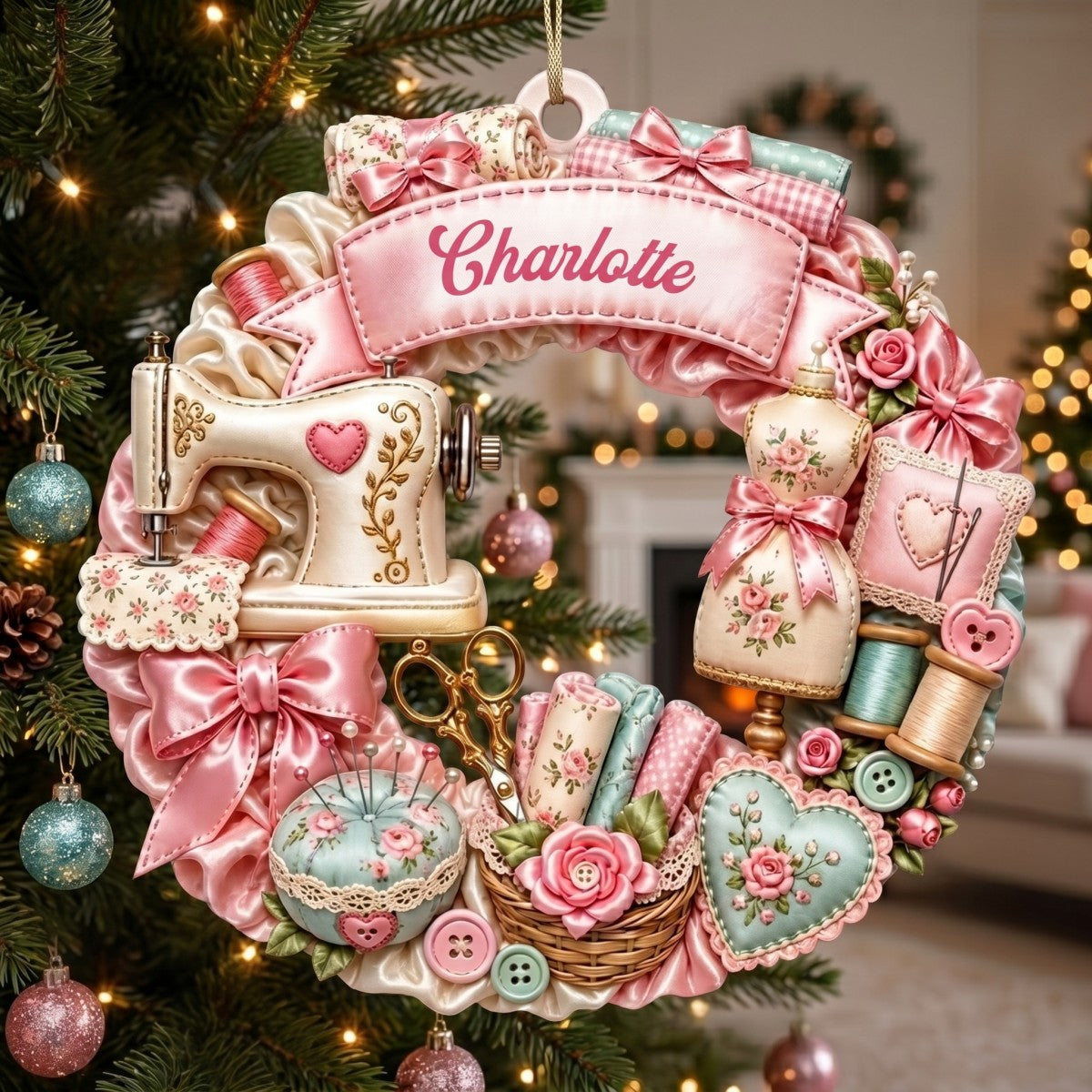Custom Name Sewing Machine Wreath,Personalized Christmas Ornament Gift For Sewing Lovers