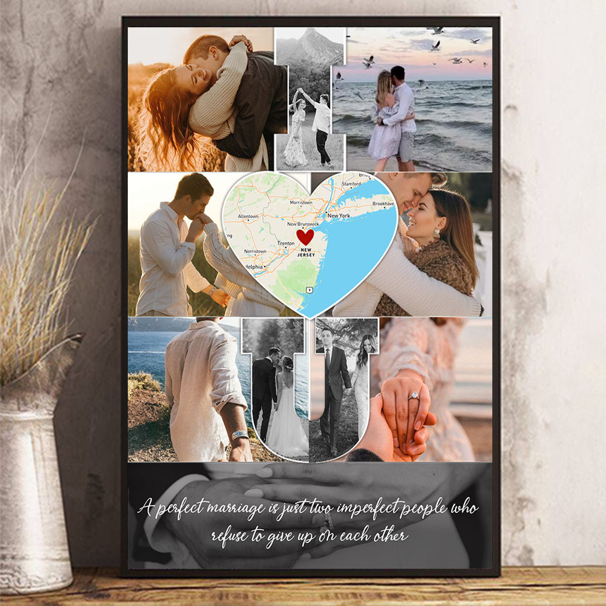 I Love You - Custom Map Photo Collage Wall Art Canvas Poster Personalized Couple Anniversary Wedding Gift