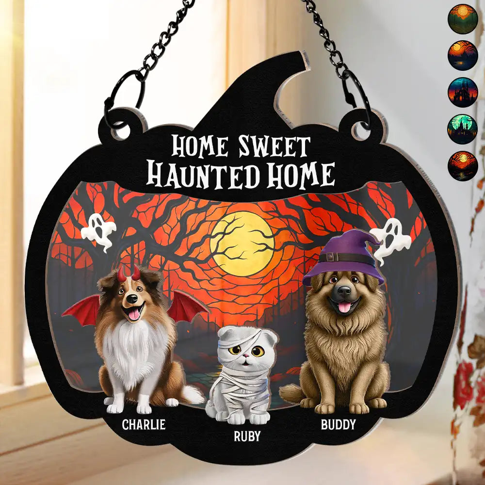 Halloween Home Sweet Haunted Home Pet Lovers - Personalized Window Hanging Suncatcher Ornament