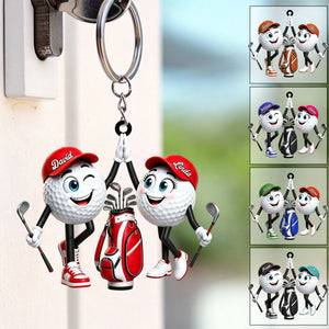 Cute High‑five Golf Couple Personalized Golf Ball Mascot Keychain