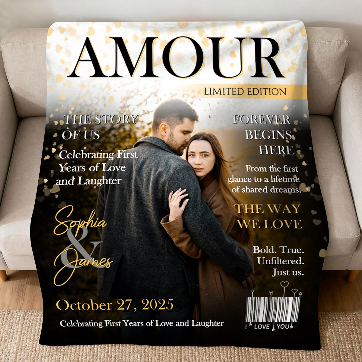 Personalized Amour Magazine Cover, Custom Couple Newspaper Blanket, Romantic Love Story Gift
