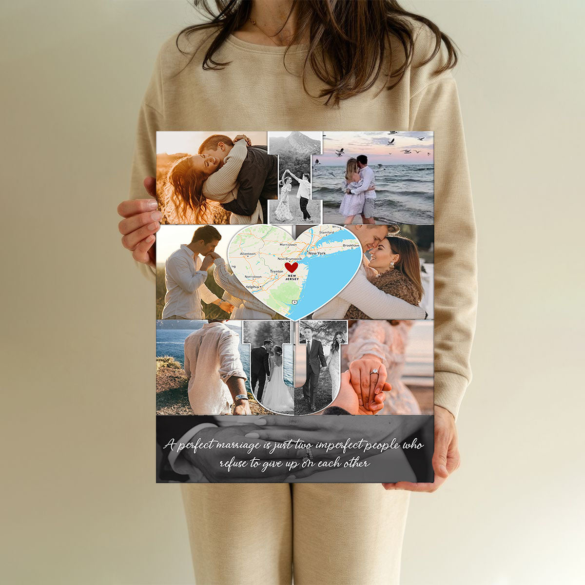 I Love You - Custom Map Photo Collage Wall Art Canvas Poster Personalized Couple Anniversary Wedding Gift