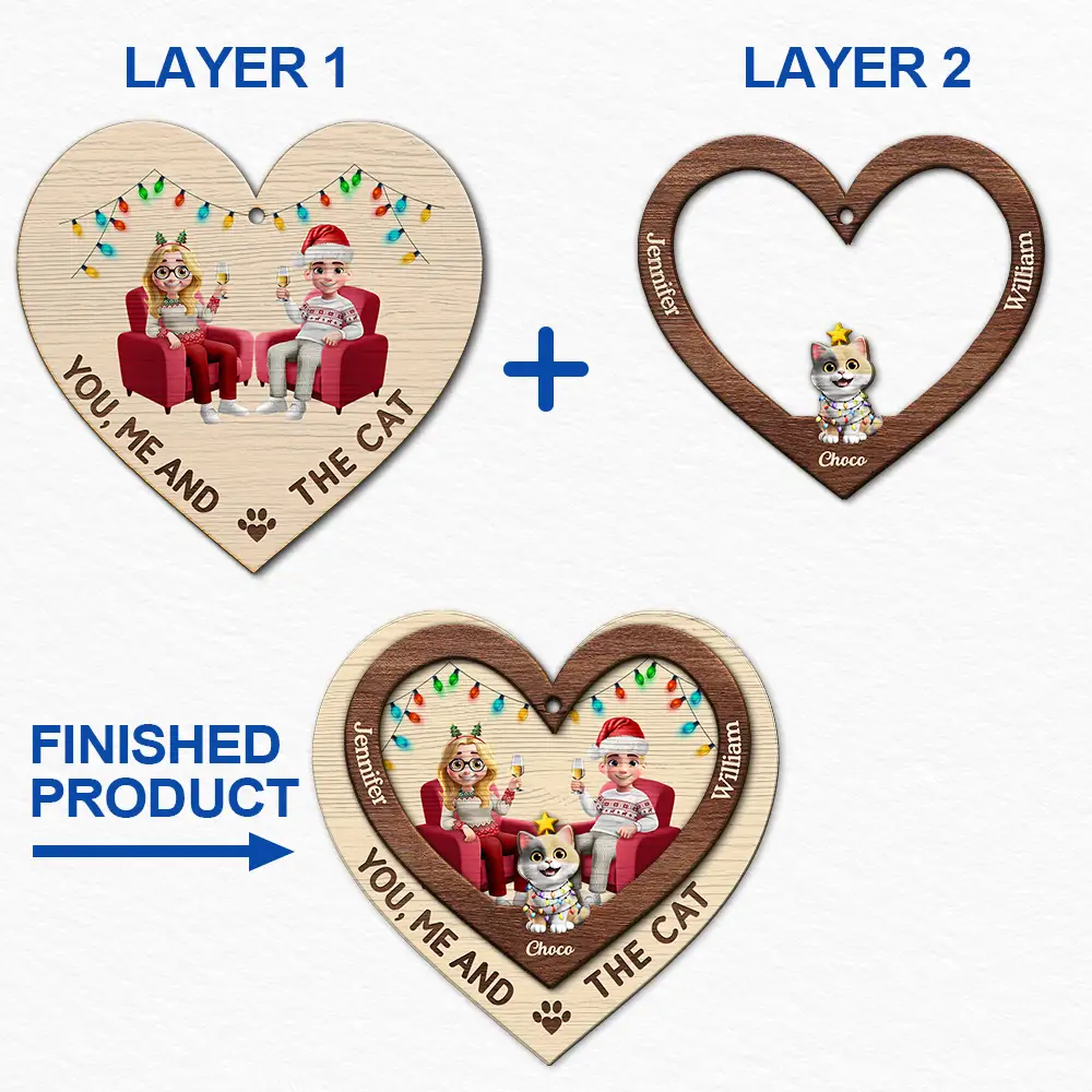 Heart You Me And The Cat - Personalized 2-Layered Wooden Ornament Gift For Cat Lover Couple