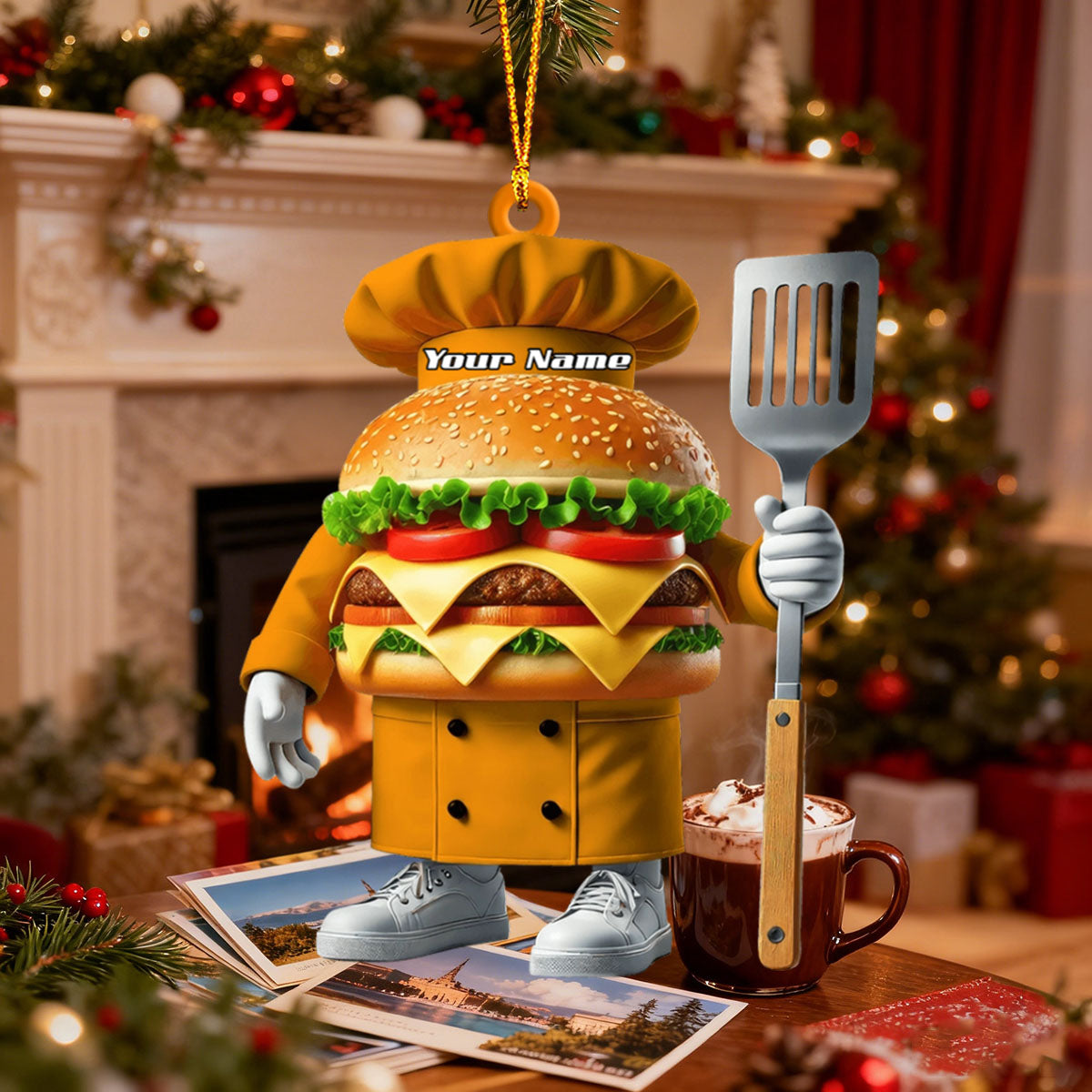 Custom Name Chef Santa Ornament, Christmas Gift for Cooking Lover