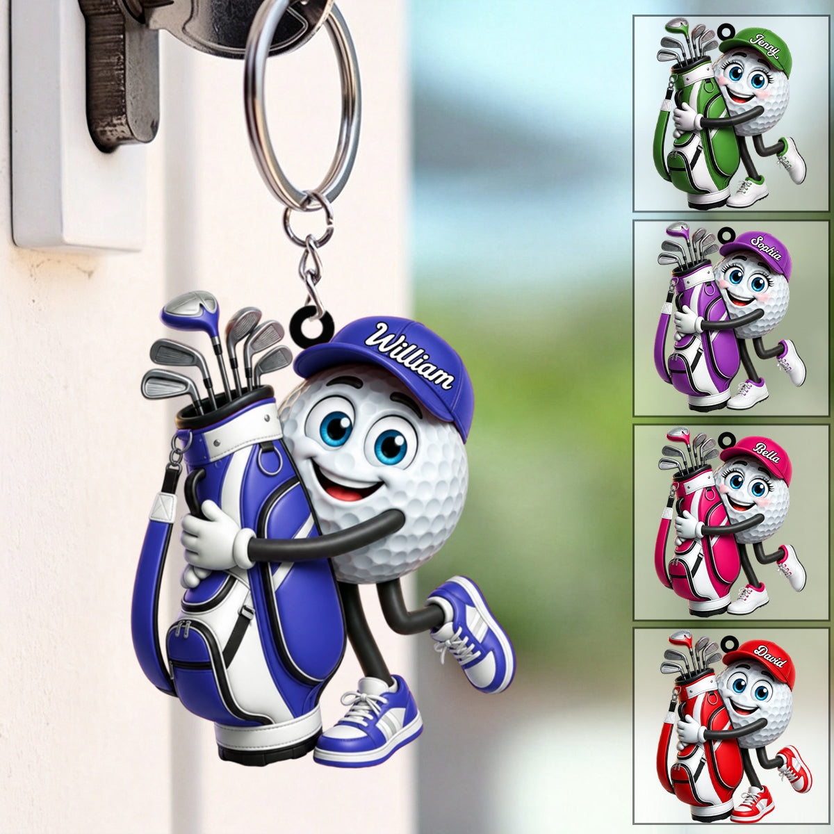 Hugging Golf Bag Funny Golf Ball Keychain - Personalized Golf Mascot Keychain Gift for Male & Female Golfer