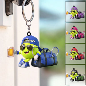Cheers With Beer Tennis Keychain Personalized Cool Tennis Ball Mascot Keychain