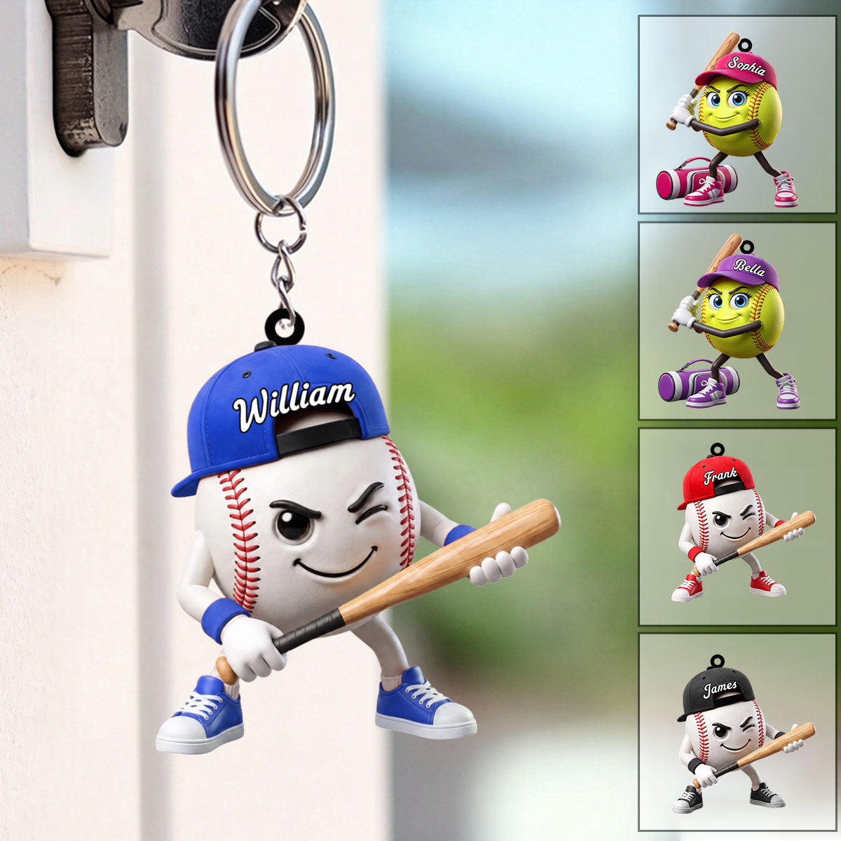 Baseball Softball Batter’s Stance Keychain - Personalized Cool Baseball Softball Ball Mascot Keychain