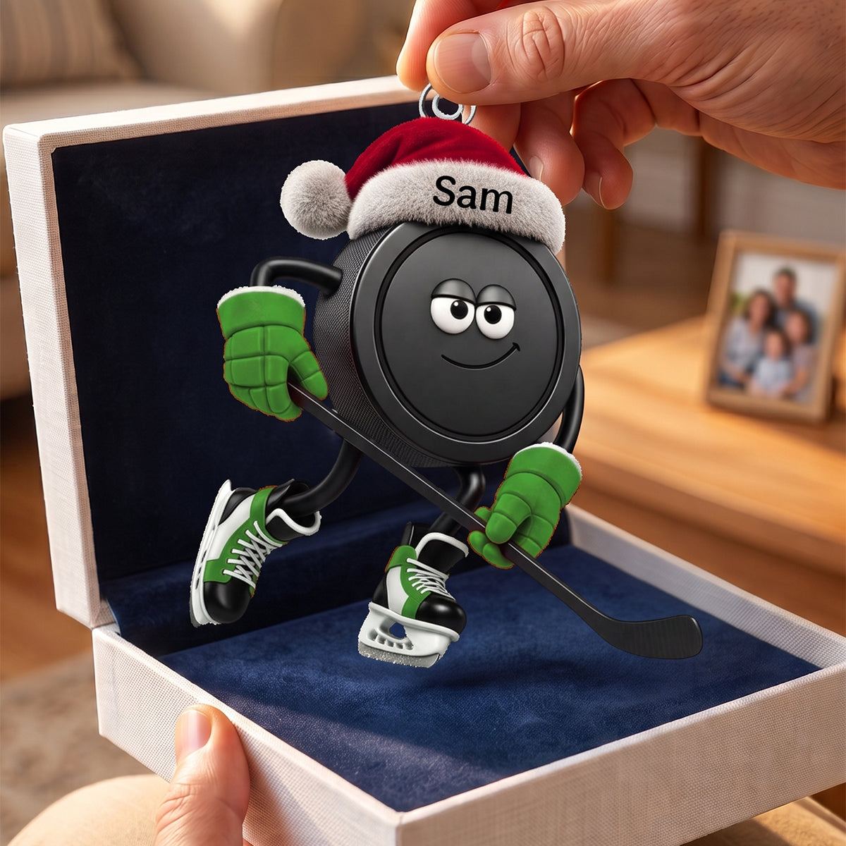 Personalized Action Pose Hockey Puck With Santa Hat – Custom Christmas Hanging Ornament For Hockey Fans