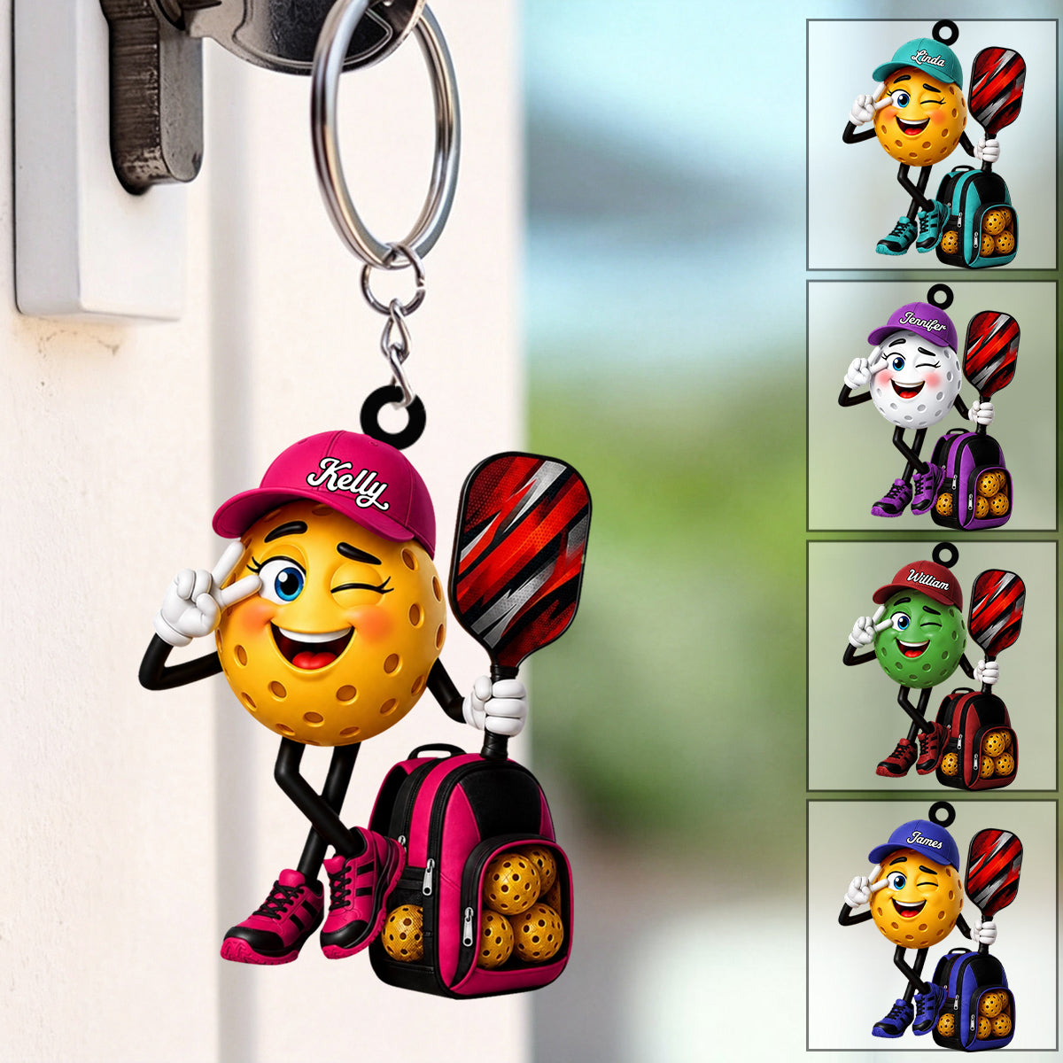 Winking Pickleball Mascot Peace Sign Keychain - Personalized Gift for Male & Female Player