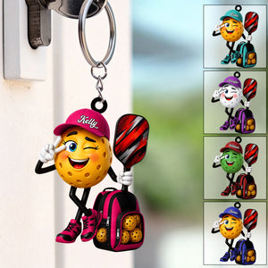 Winking Pickleball Mascot Peace Sign Keychain - Personalized Gift for Male & Female Player