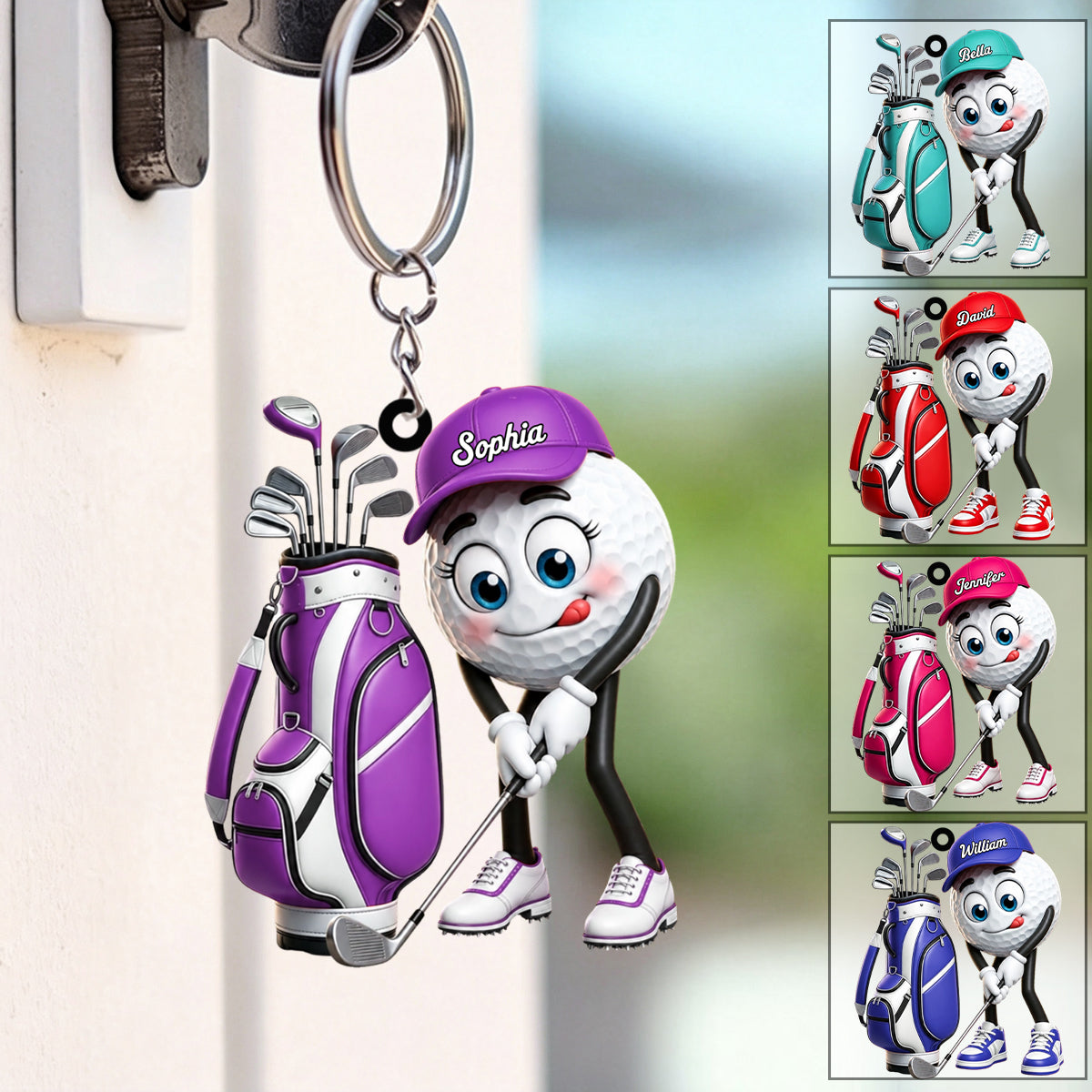 Pre‑swing Ready Stance Personalized Golf Ball Mascot Keychain Gift for Male & Female Golfer