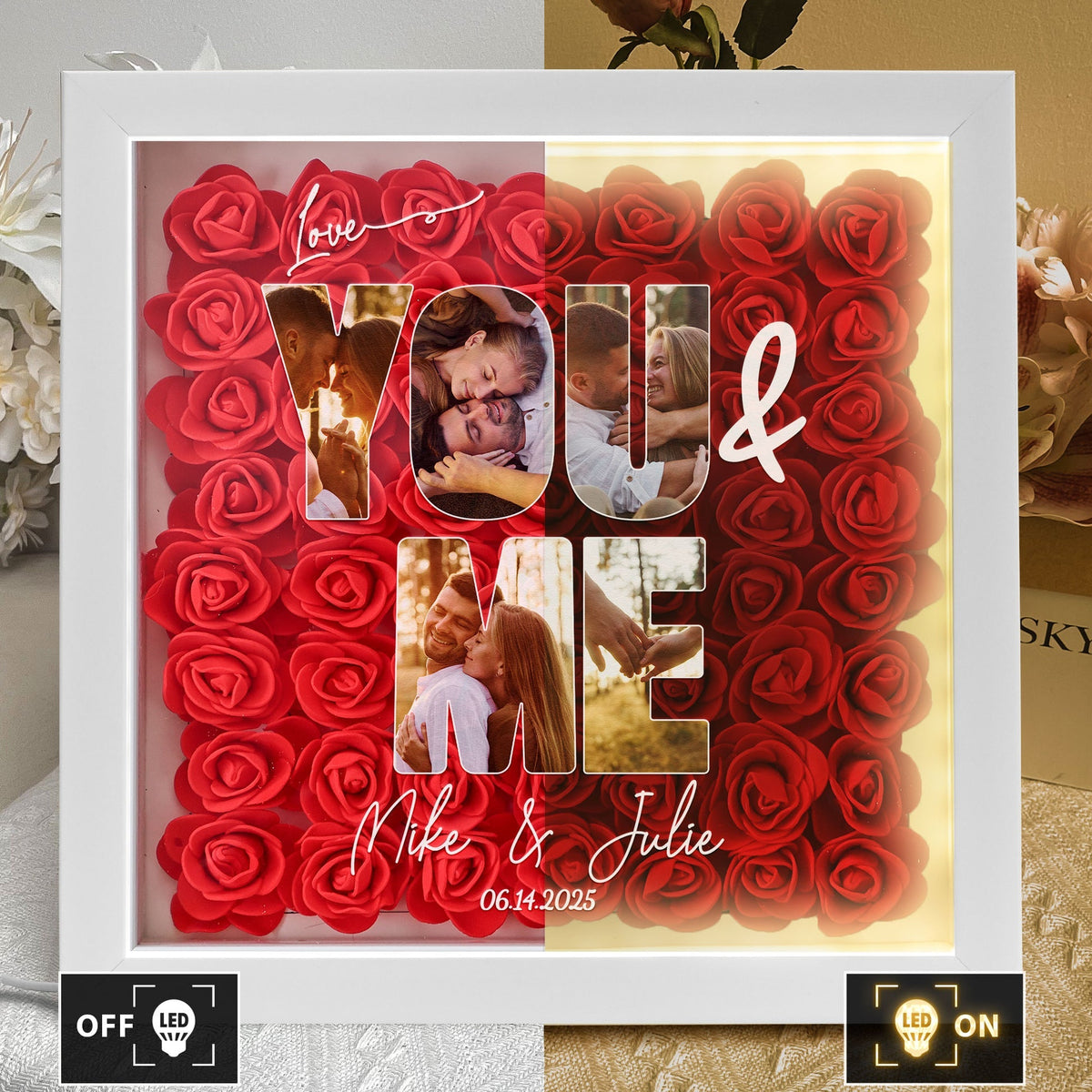 You & Me Custom Photo Collage - Personalized Photo Flower Shadow Box With LED Light