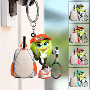 Tennis Racket & Tennis Backpack Design Keychain - Personalized Big‑Eye Tennis Ball Mascot Keychain
