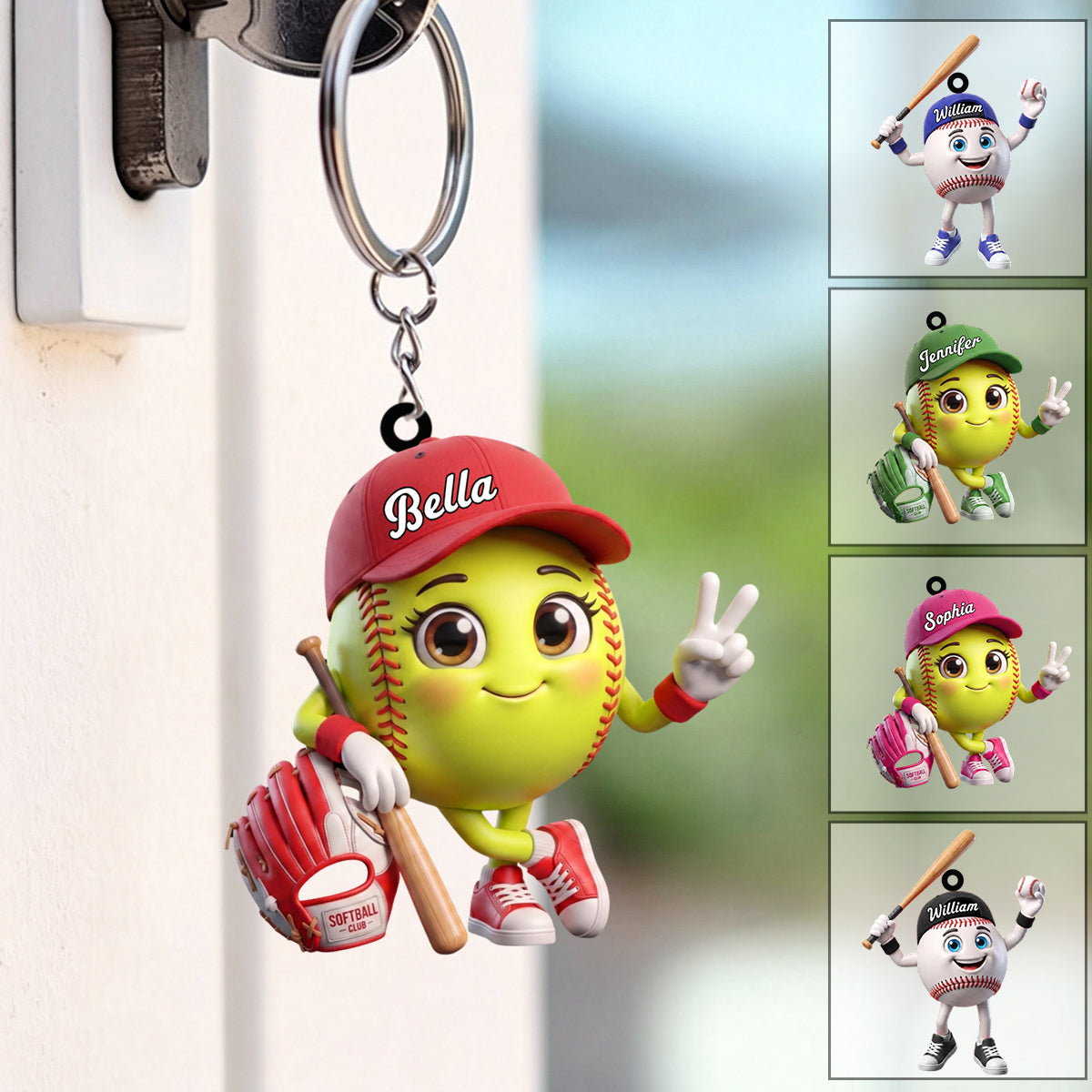 Cute Baseball Softball Player Mascot - Personalized Baseball Softball Ball Keychain