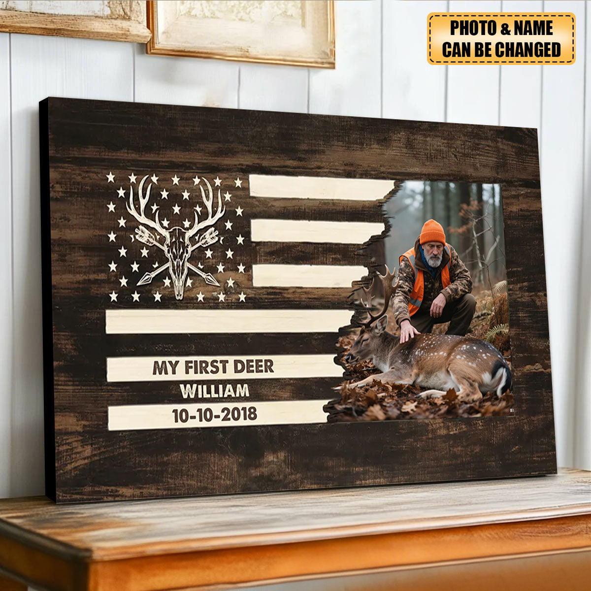 Deer Sign Hunting Photo Flag Sign Personalized Canvas Gift for Hunter