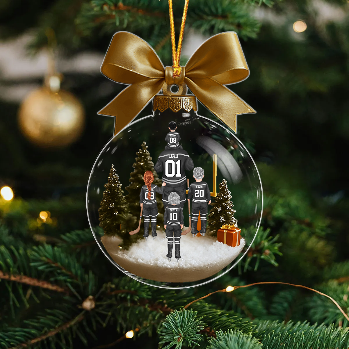 Personalized Hockey Dad & Kids Bow Acrylic Ornament