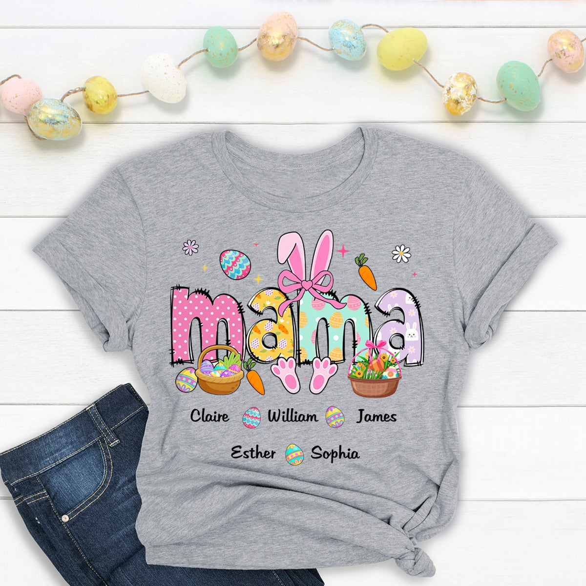Easter Bunny Coquette Bow Gift For Family, Personalized Grandma And Kids T-Shirt