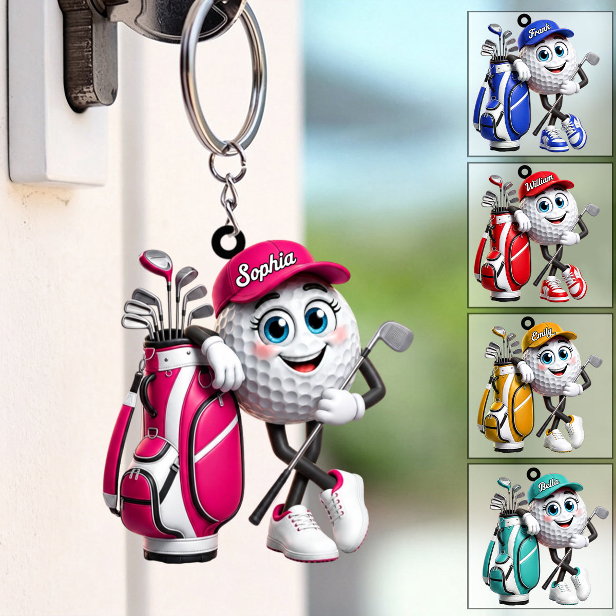 Holding Golf Club Golf Ball Keychain - Personalized Golf Mascot Keychain Gift for Male & Female Golfer