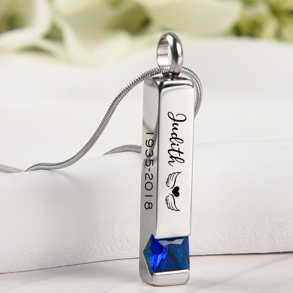 Personalized Birthstone Memorial Urn Necklace Two Sides Text
