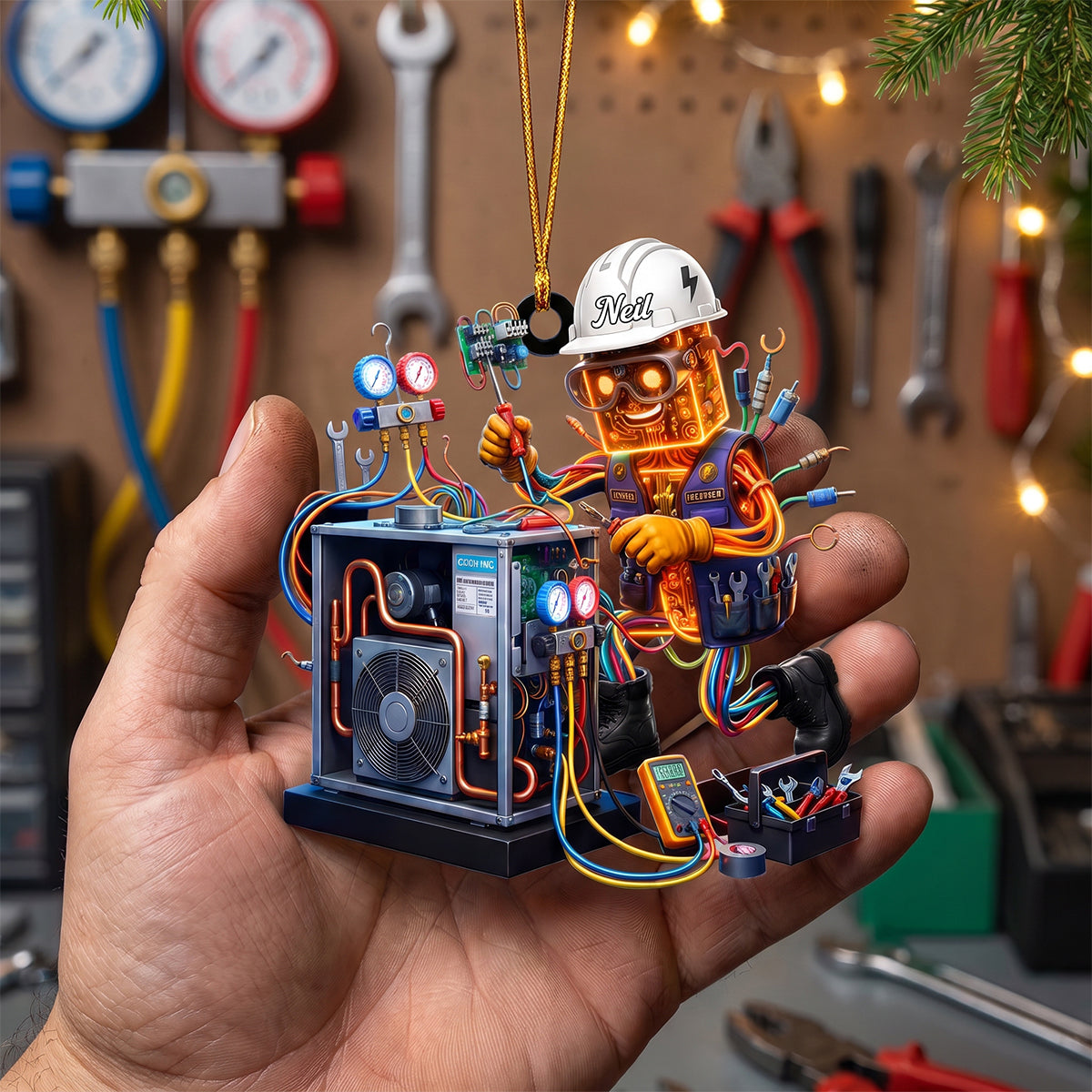 Personalized HVAC Tech Robot Fixing AC Unit Acrylic Christmas Ornament For HVAC Workers