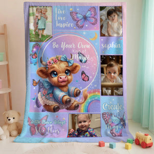 Personalized Floral Highland Cow Butterfly Soft Throw Blanket with Name and Photos
