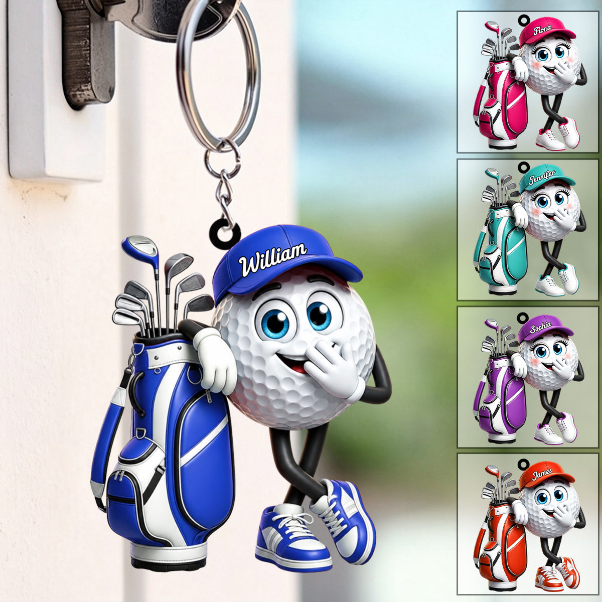 Funny Snickering Personalized Golf Ball Mascot Keychain Gift for Male & Female Golfer