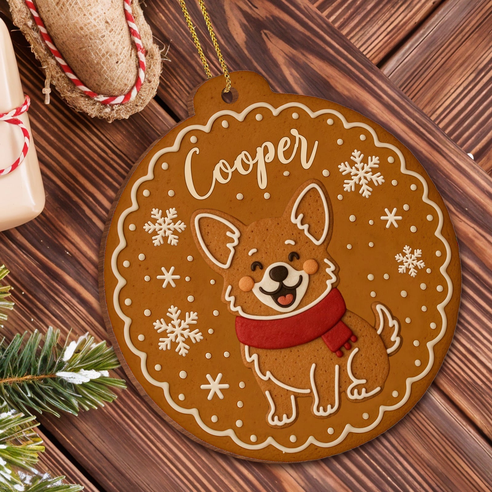 Cheerful Dog With Festive Scarf And Snowflakes, Personalized Wood Ornament, Gift For Dog Lovers