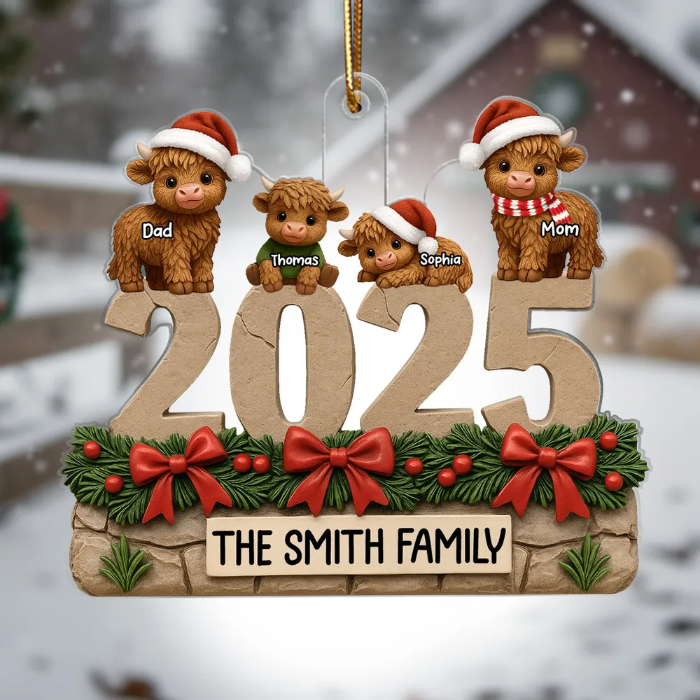 Christmas Highland Cows Family Dad Mom Kids - Personalized Acrylic Ornament