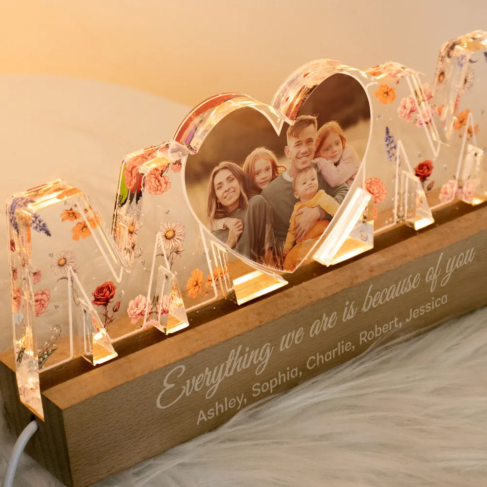 Birth Month Flower Photo Upload Personalized Led Night Light, Mother's Day Gift
