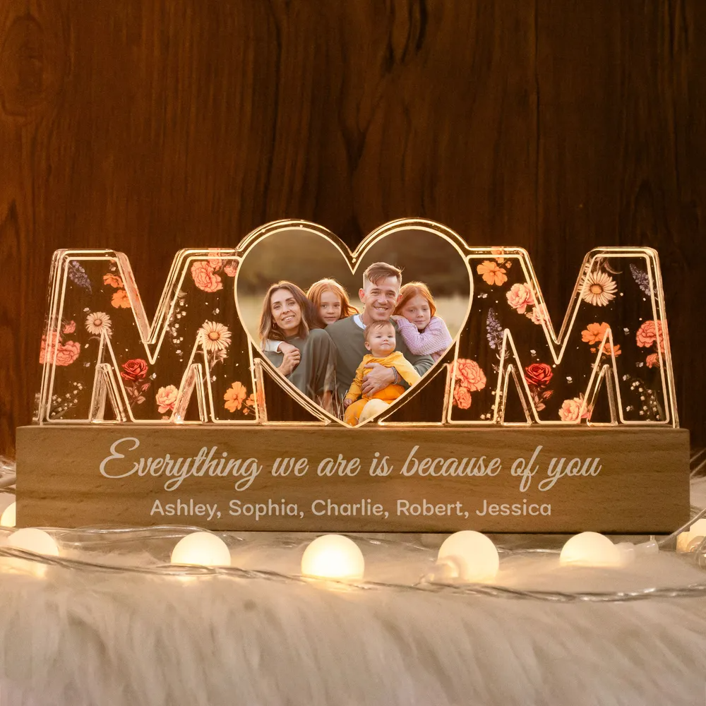 Birth Month Flower Photo Upload Personalized Led Night Light, Mother's Day Gift