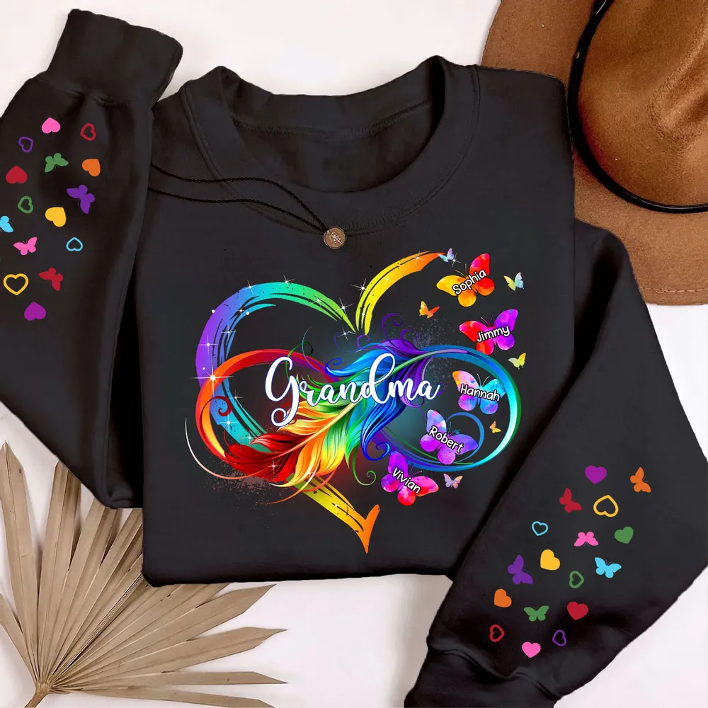 Grandma Mom Infinity Heart Butterflies Personalized Sleeve Printed Sweatshirt