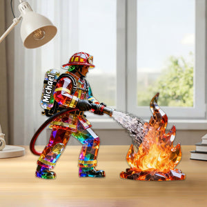 Firefighter Figurine Stained Glass Crystal Effect Personalized Acrylic Plaque, Firefighter Gift